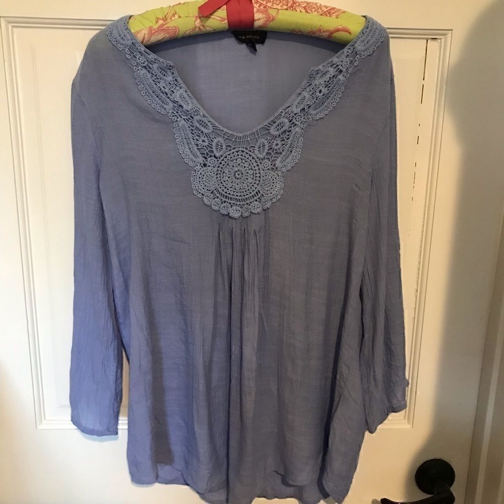 Spense Top Large Peasant Top Embroidered Trim Roll up Sleeves with button Blue
